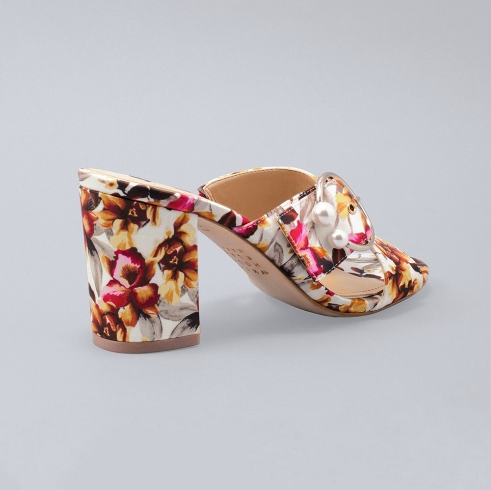 WHBM Silvy Floral Satin Block Heeled Sandals 10 - Picture 3 of 4